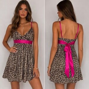 Y2K Size M Leopard Babydoll Mini Dress Pink Satin Trim Empire Waist Party Baddie